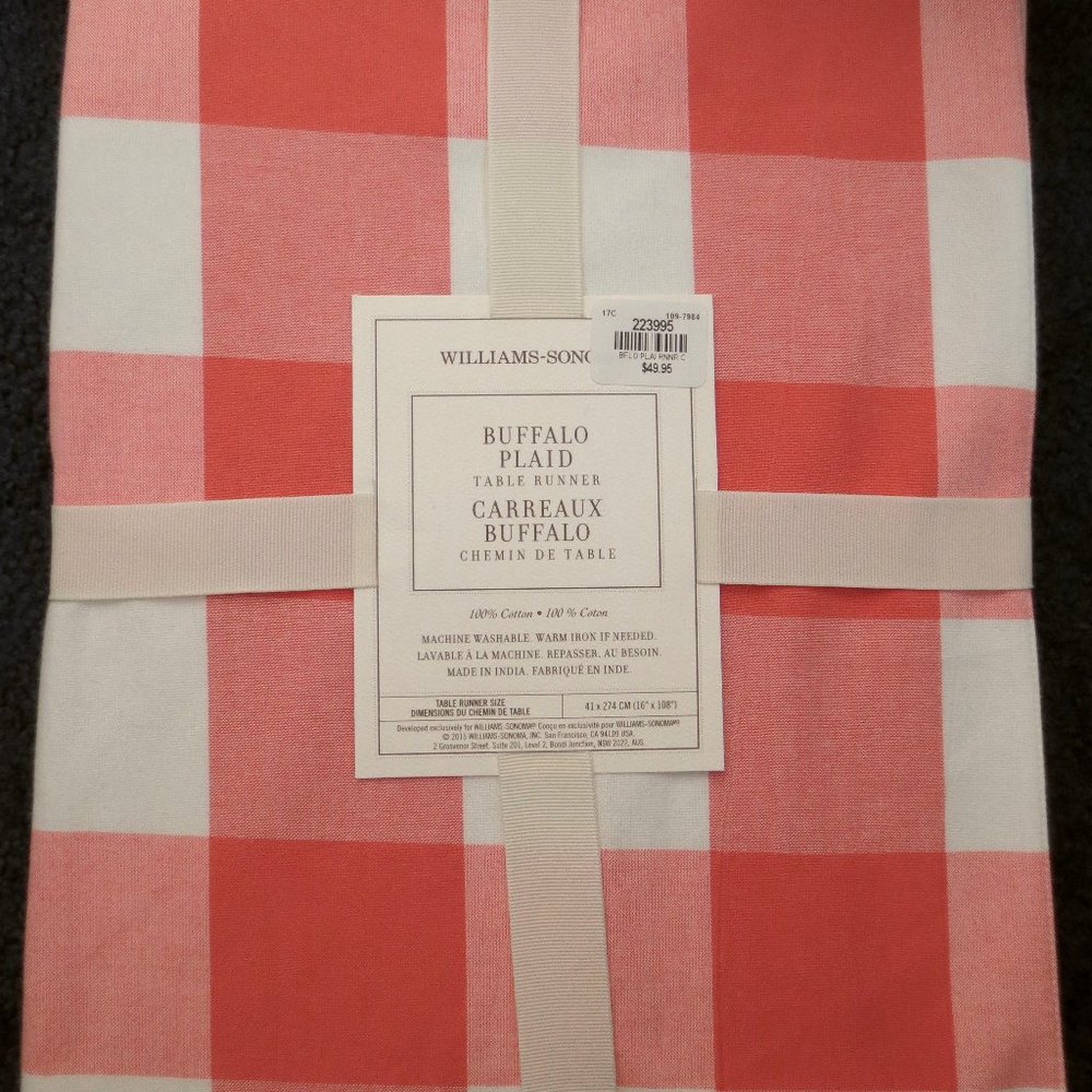 New Williams Sonoma Buffalo Plaid Table Runner 16"x108" All Cotton Lined